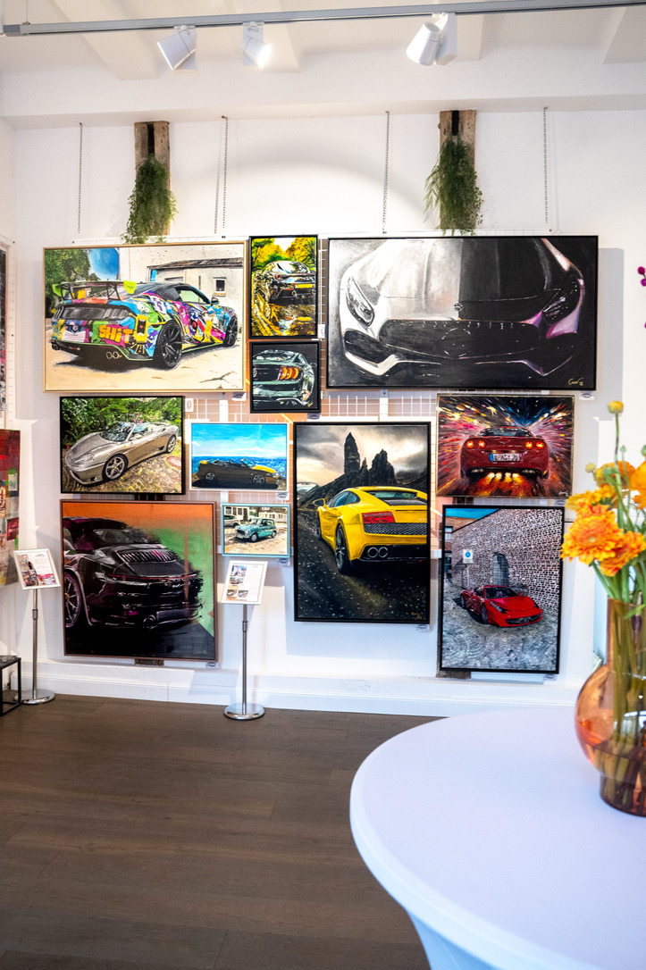 Installation view of Caner Proske automotive paintings at 1880 Urban Gallery