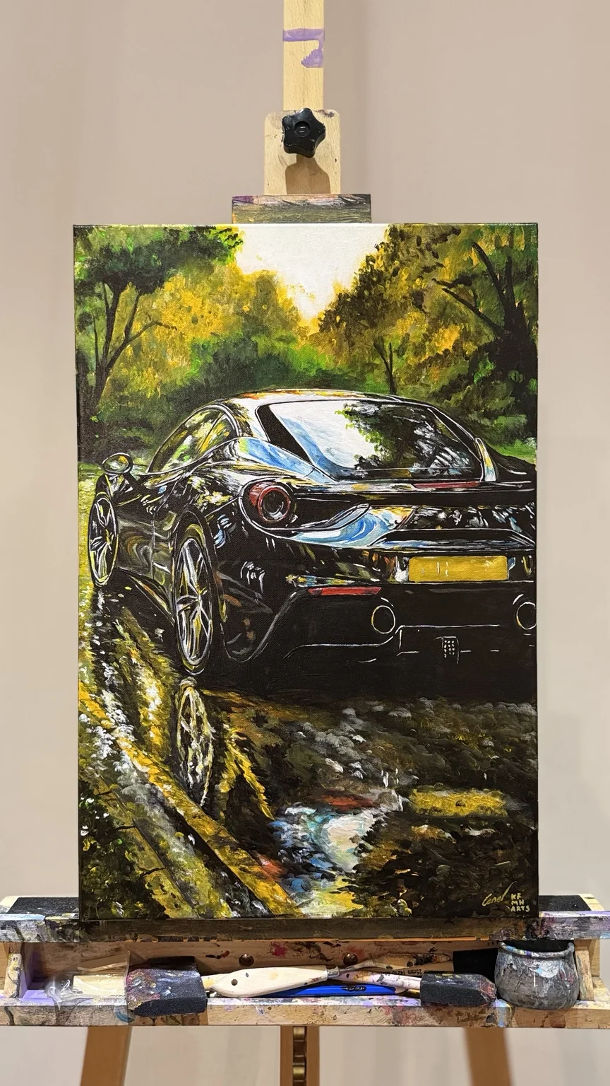 Ferrari 488 in Forest automotive acrylic painting