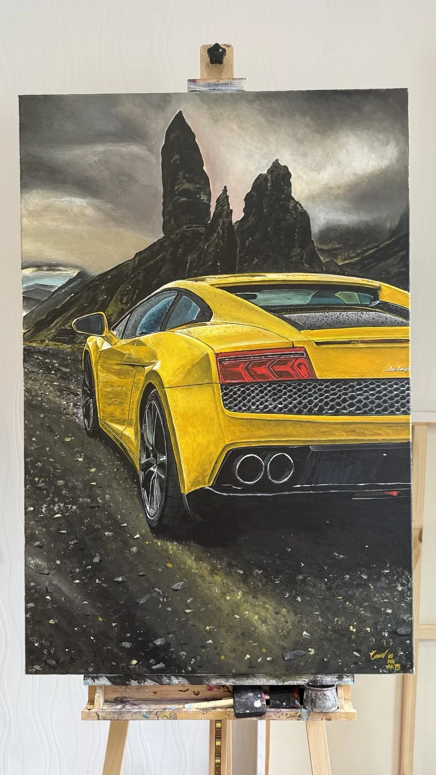 Yellow Lamborghini painting in a rocky landscape