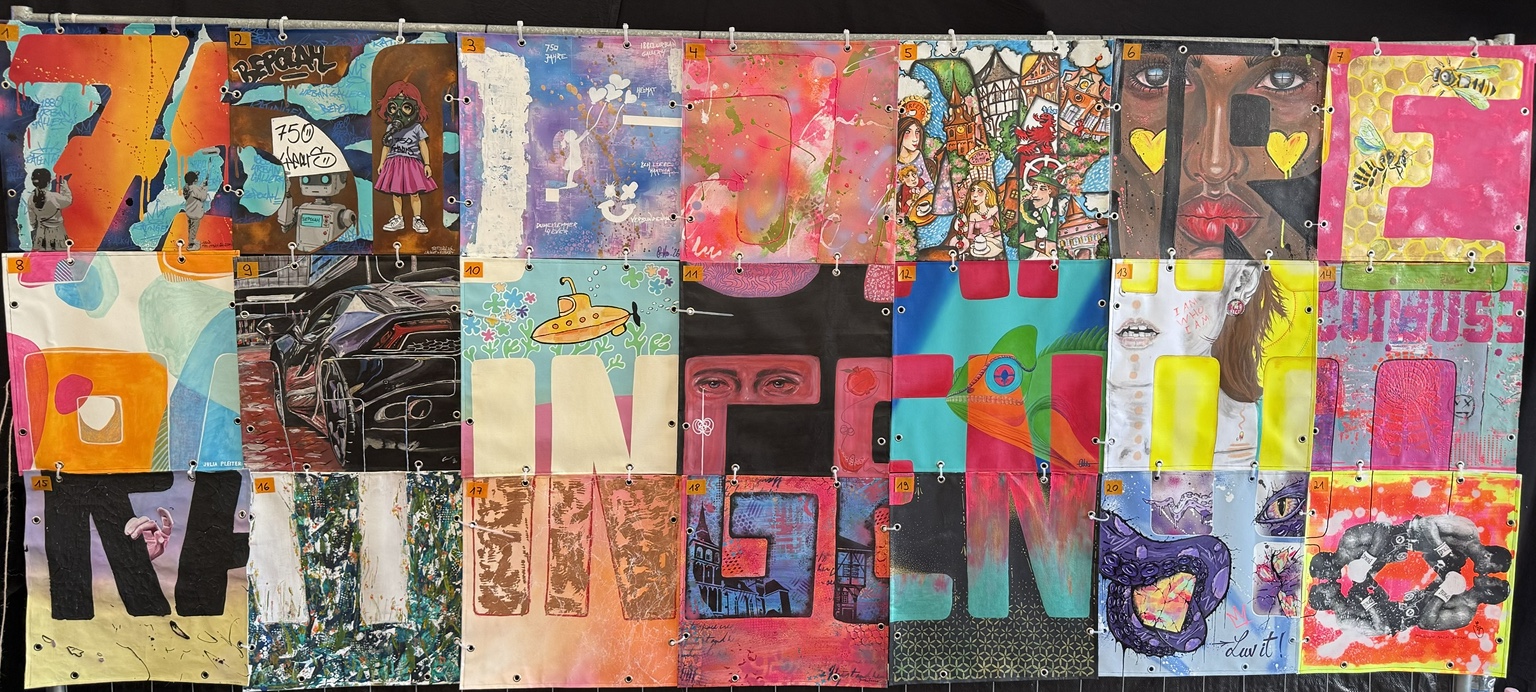 Collaborative patchwork artwork from the 750 years Ratingen charity event