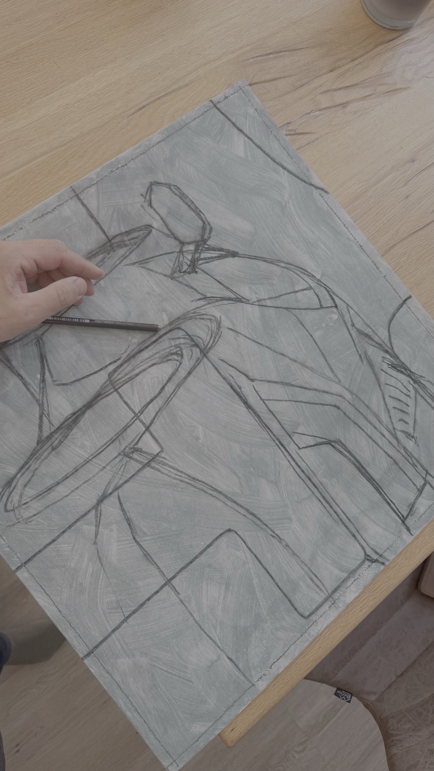 Hand-drawn automotive detail on prepared canvas